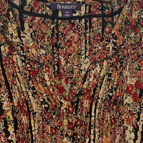 Roaman’s Floral Pleated Top Womens 26W Split Neck 3/4 Sleeve Lightweight Blouse - Picture 2 of 7